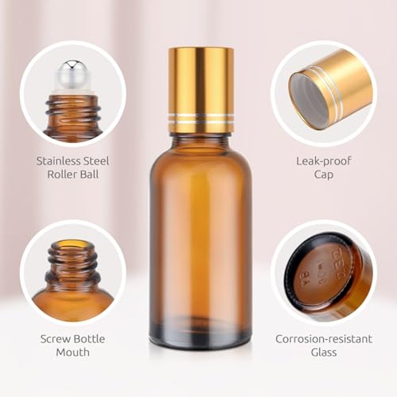 bofessor 30ml Glass Roller Bottles 5-Pack, Refillable Roll-On Bottles for Essential Oils, Perfume, and DIY Blends with Stainless Steel Rollers-Amber