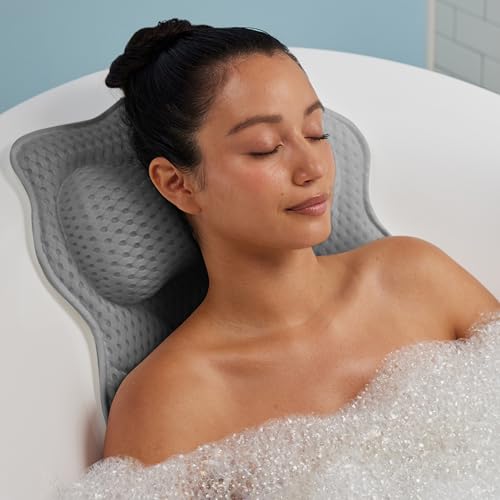 WONDERfoam Thick Padded Ergonomic Bath Pillow for Tub, Support for Head Neck and Back, Slip-Resistant, Machine Washable Breathable Quick Dry Mesh Bathtub Headrest Pillows, Spa Rest Accessories, Black