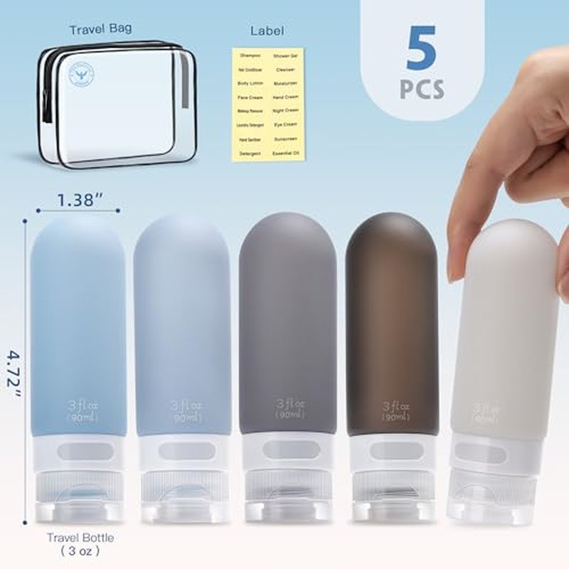yahaa Travel Bottles for Toiletries,3oz Leak Proof Squeezable Travel Size Containers, 5 Pack TSA Approved Travel Essentials for Shampoo Conditioner,Silicone,Black Pack