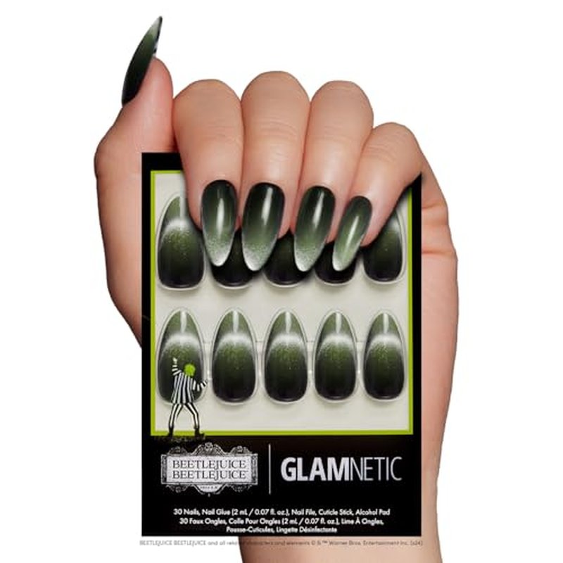 Beetlejuice Beetlejuice™ x Glamnetic Press On Nails - Ghost House™| Opaque Black & Navy Graphic Long Coffin False Nails, Reusable Stick On Fake Nails with Glue | Salon Quality | 15 Sizes - 30 Nail Kit
