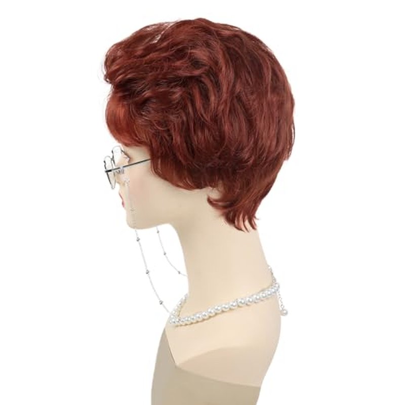 GNIMEGIL Auburn Short Curly Old Lady Wig Set Synthetic Hair Grandma Wig Red Brown Halloween Costume Granny Mommy Outfits White Women Wig with Glasses, Necklace & Chain for Older Ladies