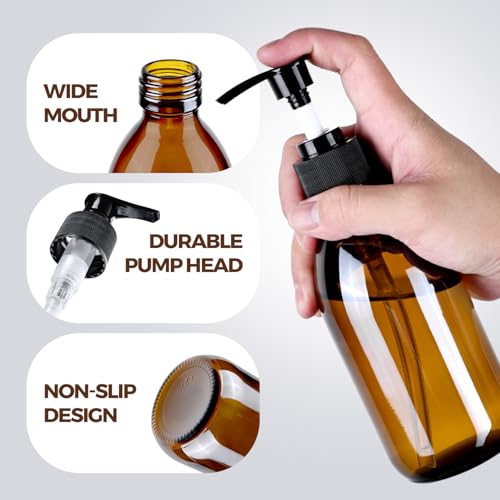 Glass Pump Bottle Dispenser 10.8 oz，Homepicker Lotion Bottle with Pump for Body Oil，300ml Amber Glass Bottles with 1 Extra Pump Tops, Black Caps, Labels (2 Pack)