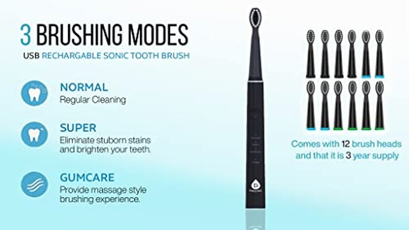 Pursonic Whitening USB Rechargeable Sonic Toothbrush-12 Brush Heads!- 38,000 Brush Strokes Per Minute-3 Brushing Modes with 2 Minute Auto Timer (Black)