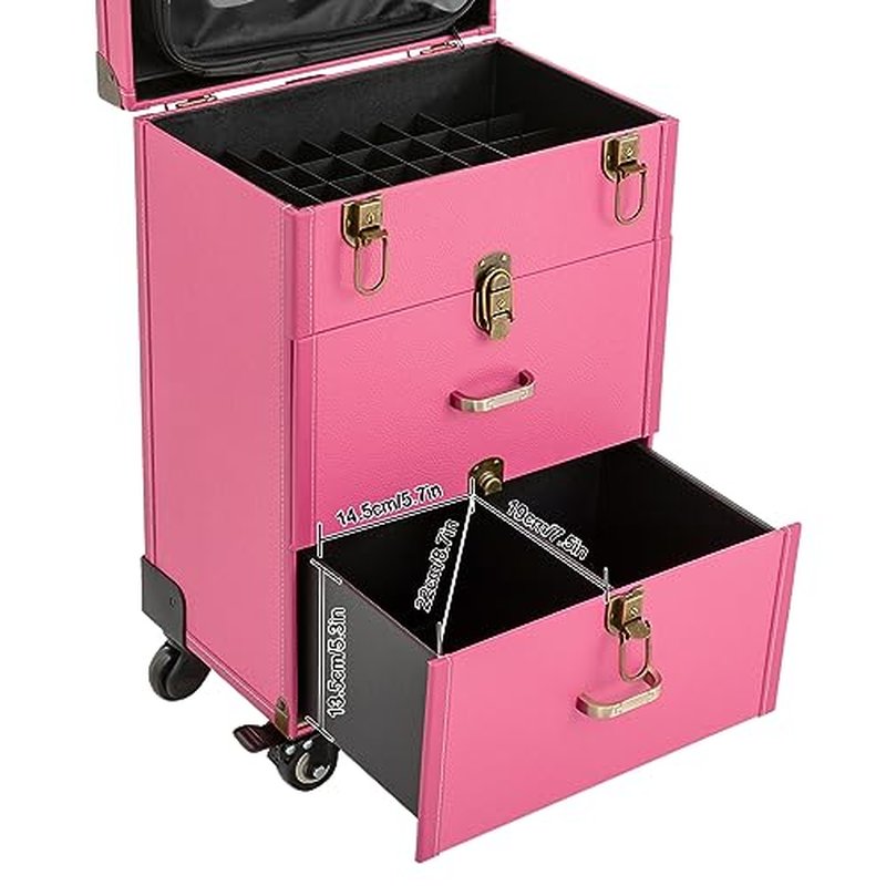 PalaUha Rolling Makeup Train Case Professional Cosmetic Organizer Trolley with Drawers Compartment Nail Case Wheeled Manicure Pedicure Storage Case for Hair Stylists Makeup Artists (Pink & Copper)