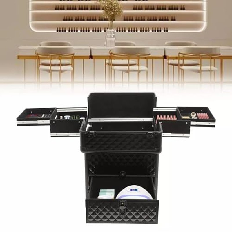 Rolling Nail Case Wheeled Manicure Storage Case, Professional Cosmetology Case, Large Cosmetic Trolley Travelling Cart Trunk with Locks and Drawers, Makeup Case with 4 Universal Wheels (Black)