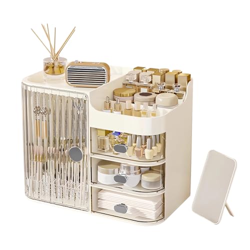 DASITON Makeup Organizer for Vanity,Large Capacity Makeup Storage Organizer with 3-Layer Drawers and Mirror,Cosmetics Display Case Make up Organizers for Vanity,Bedroom,Countertop(Clear-Cream)