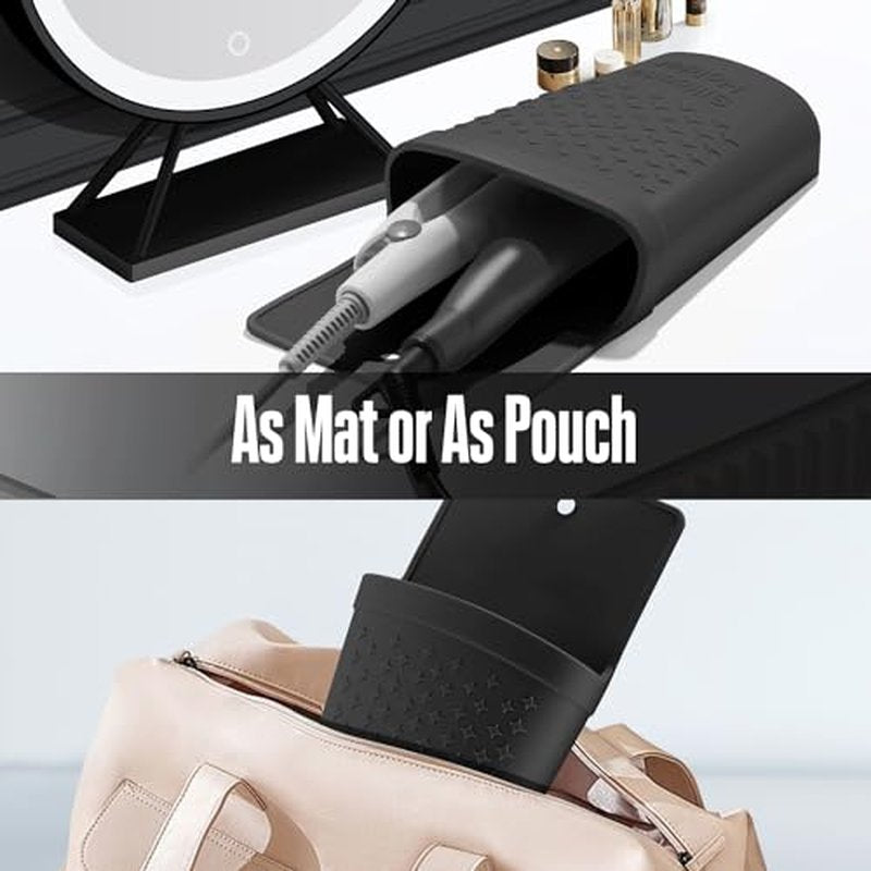 CROWATTS Heat Resistant Silicone Hair Iron Mat and Pouch,Portable Travel Hair Straightener Mat and Holder for Hair Styling Tools.1 Pack.(Black)