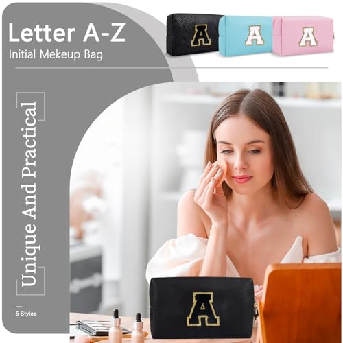 Small Personalized Initial A-Z Preppy Patch Makeup Bag,PU Chenille Letter Travel Cosmetic Pouch with Zipper,Blue Cute Toiletry Bag,Gift Ideal for Teen Girls Women Teacher Bridesmaid,Letter T