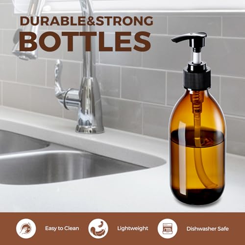 Glass Pump Bottle Dispenser 10.8 oz，Homepicker Lotion Bottle with Pump for Body Oil，300ml Amber Glass Bottles with 1 Extra Pump Tops, Black Caps, Labels (2 Pack)