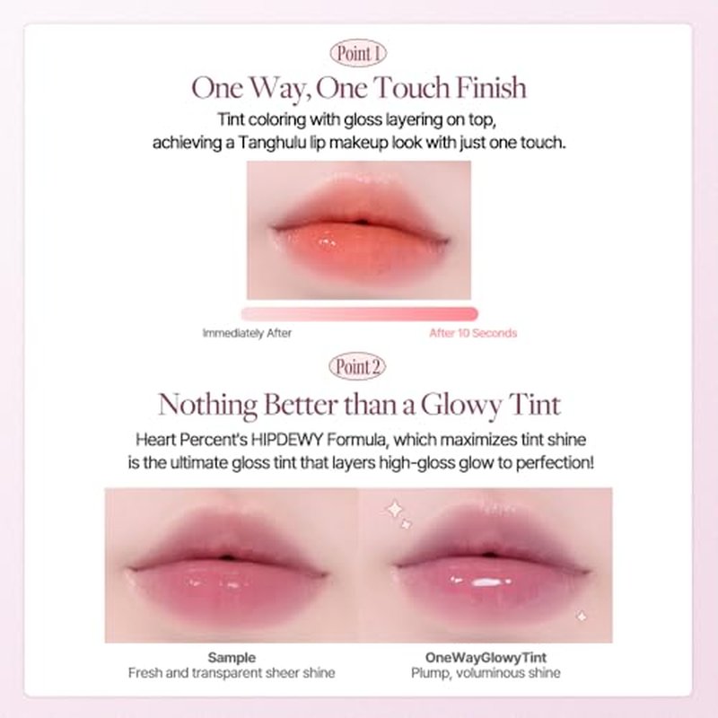 Heart Percent Dote On Mood One Way Glowy Tint, Glass-like High Shine Glossy Finish w/Long-Lasting Luminous Color Lip Stain for Glowy Look, #01. Bare Nude