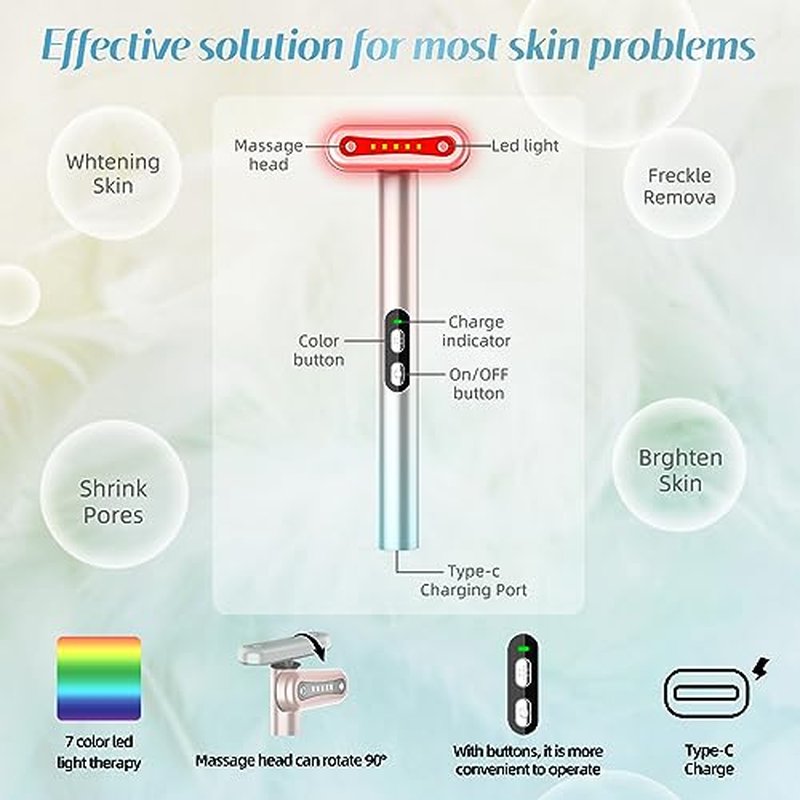 Fxtiaa Led-Face-Wand，7 in 1 LED Light Therapy Facial Red & Blue Rejuvenation Tool