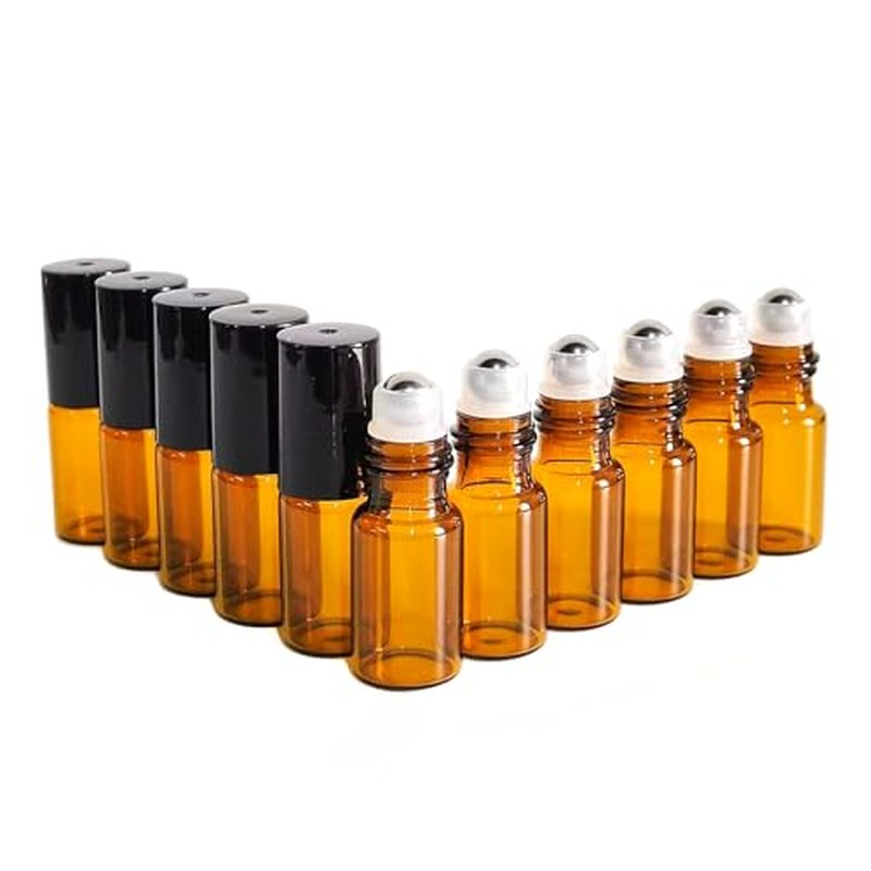 PYAWI 50 PCS 3ml Amber Glass Roller Bottle,Essential Oil Sample Vials with Stainless Steel Roller Ball,Black Caps,for Travel Perfume Cosmetics Small Container(2 Funnels, 2 Dropper, 1 Opener) (3ml)