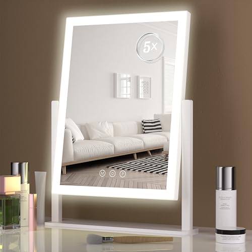 Lighted Makeup Mirror, Hollywood Vanity Mirror with 5X Magnification Mirror, 360°Rotation Touch Control, 3 Color Lighting for Desks Bedroom Dressing Room, Small