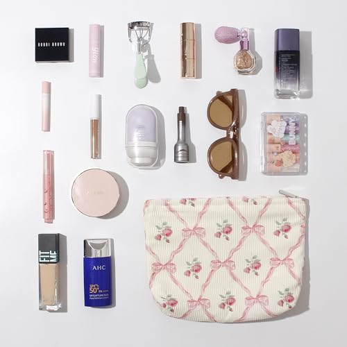 Cosmetic Bags for Women - Corduroy Cosmetic Bag Aesthetic Women Handbags Purses Smile Dots Makeup Organizer Storage Makeup Bag Girls Case Bags (Flowers-Navy blue)