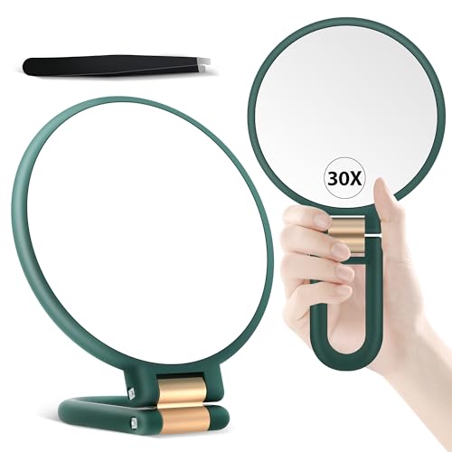 B Beauty Planet Handheld Magnifying Mirror, Double Sided Travel Magnifying Mirror with 30X/1X Magnification, 360°Adjustable Handle and Precision Tweezers, Portable Multi-Purpose Makeup Mirror Green