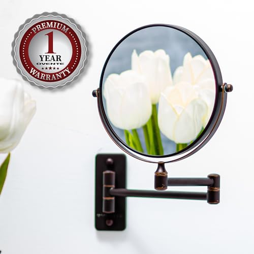 OVENTE 7" Wall Mounted Makeup Mirror with 1X/10X Magnification, Double Sided Magnifying Round Bathroom Vanity Mirror, 360° Swivel Design, Extendable and Folding Arm, Nickel Brushed MNLFW70BR1X10X