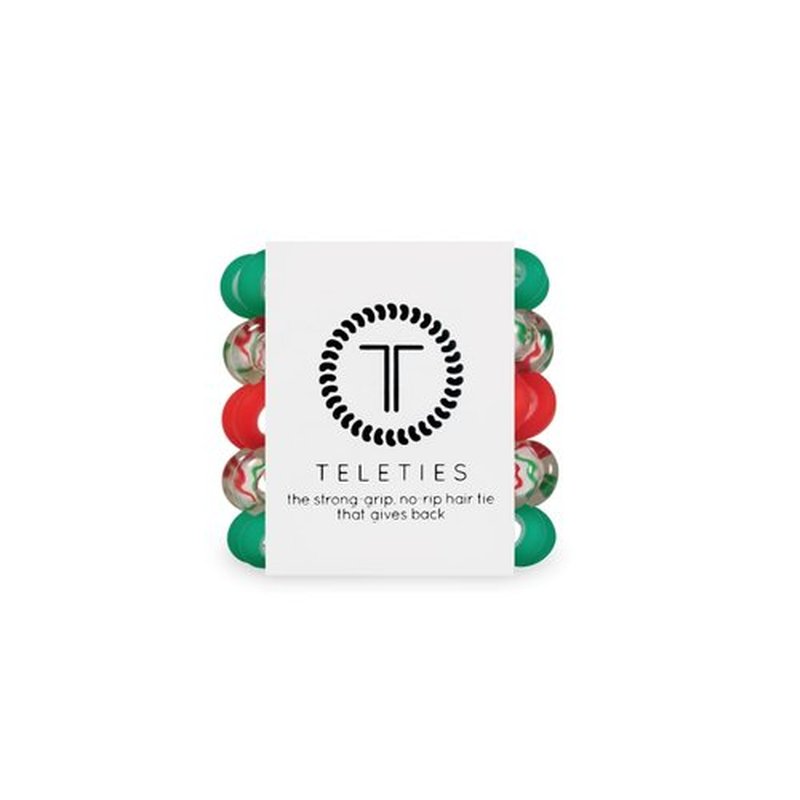 TELETIES - Tiny Spiral Hair Coils - Holiday Collection - Ponytail Holder Hair Ties for Women - Phone Cord Hair Ties - Strong Grip, No Rip, Water Resistant, No Crease - Tiny 5 pack - Santa Baby