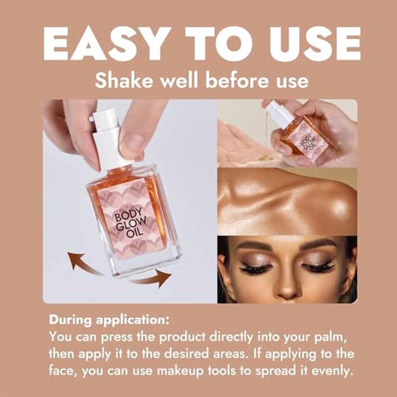 Shimmer Body Oil for Glowing Skin Body Shimmer Oil Hydrating Makeup Highlighter for Body and Face Enhancer Natural Radiance and Dewy Finish Skin Tones (04#, 1.02 fl. oz/ 30ml)