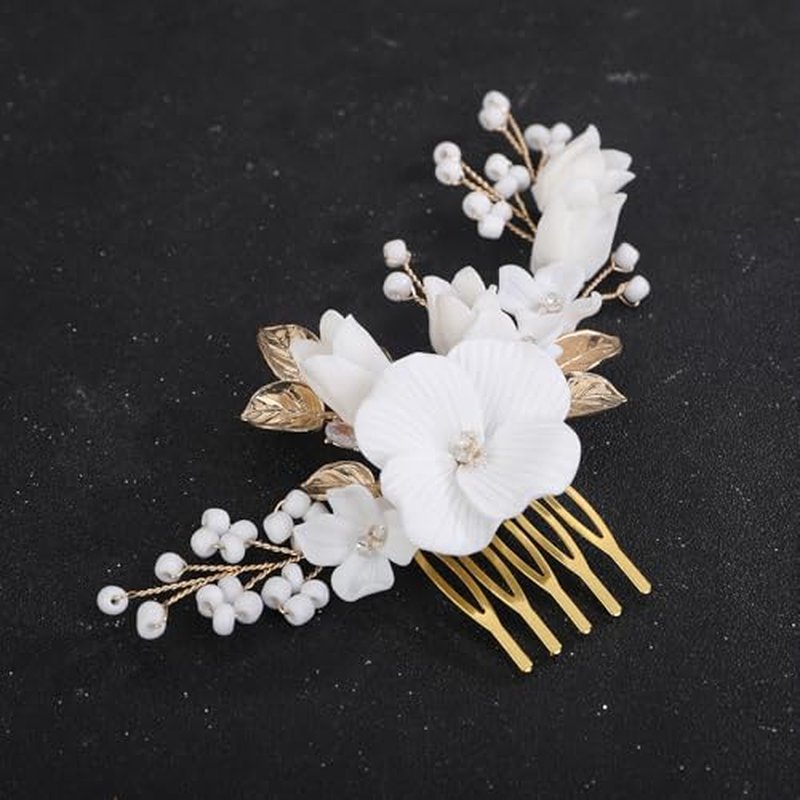 Teyglen Floral Flower Bride Wedding Hair Comb Gold Leaf Headpiece with Flower Bridal Side Comb Hair Accessories for Women Wedding Hair Piece (Gold)
