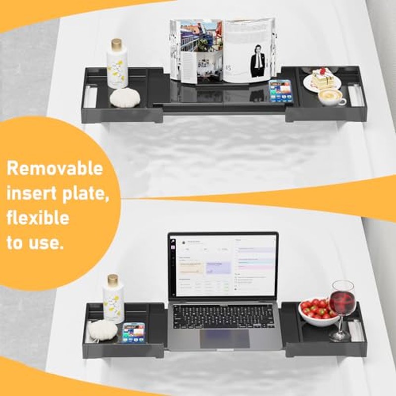 Bathtub Tray Caddy Table for Tub - Rulyyo Tub Tray Bath Caddy Tray for Bathtub, Black 23-42.5 Inch Expandable Over The Tub Bath Tray for Bathtub, Waterproof Bathtub Caddy Tray for Luxury Bath
