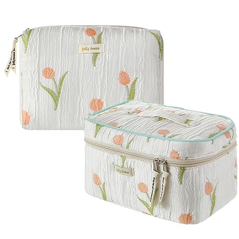 HBselect Quilted Makeup Bag, 3PCS Cotton Large Travel Makeup Bag, Cute Floral Coquette Make up Bag Cosmetic Bag Toiletry Bag for Women Girls
