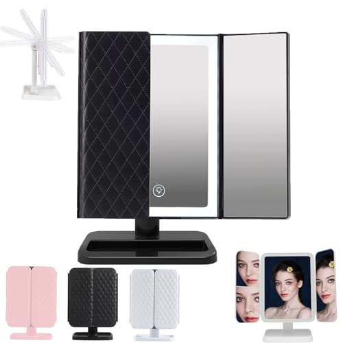 wobusoi Aristoparis Makeup Mirror, Aristoparis Trifold LED Makeup Mirror, Aristoparis Trifold Mirror, Aristoparis Vanity Makeup Mirror, 3 Color LED Makeup Mirror with Magnification (Black)