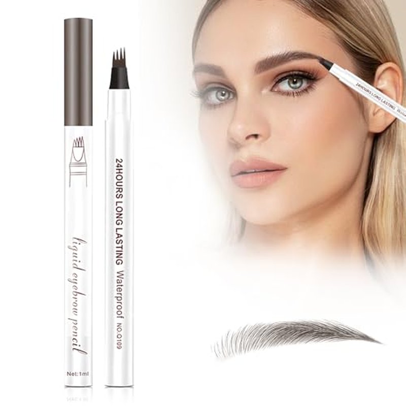 New Microblading Eyebrow Pen,3D Waterproof Eyebrow Pencil,2PCS Eyebrow Tattoo Pencil 4 Fork Tip Natural Fine Stroke Eyebrow Pen,Eye Brown Makeup Long-Lasting Magic Eyebrow Pen (Dark Brown)