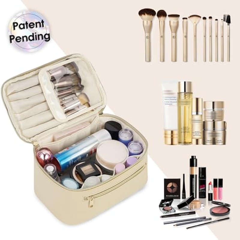 Wandering Nature Makeup Bag, Travel Make Up Organizer Cosmetic Brush Bags Case for Women in Vegan Leather, Beige(Patent Pending)