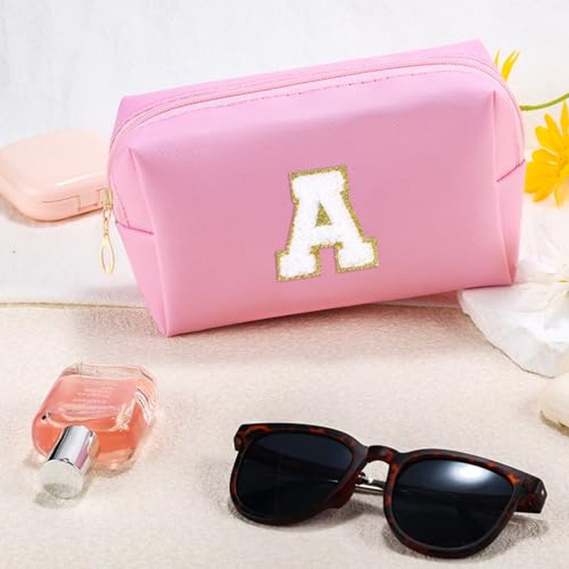 URSKYTOUS Initial Makeup Bag Personalized Preppy Travel Small Cosmetic Bag Cute PU Pink Chenille Letter Makeup Pouch for Purse Waterproof Zippered Toiletry Organizer for Women Girls Kids Friends (Z)