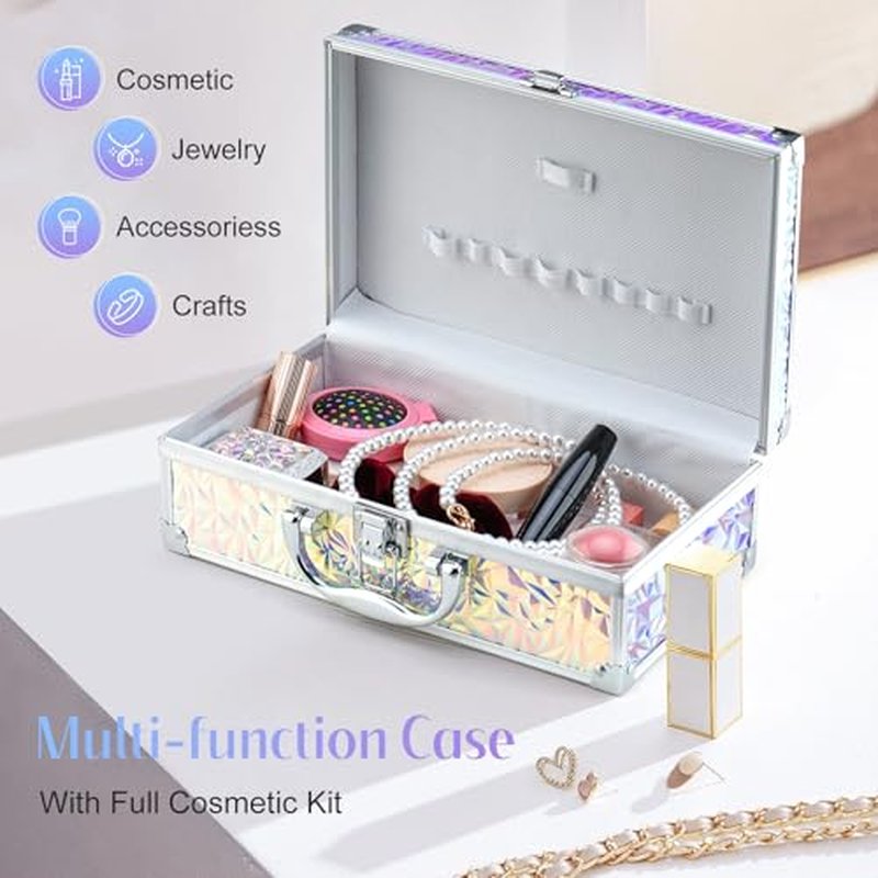 Color Nymph Makeup Kit with Cosmetics Case, Train Case Makeup Kits For Teenage Girls Beginner Women Make up Kit Cosmetics Box Includs Eyeshadow Lipstick Blush Lipgloss Mascara and Tools -Dreamy Silver