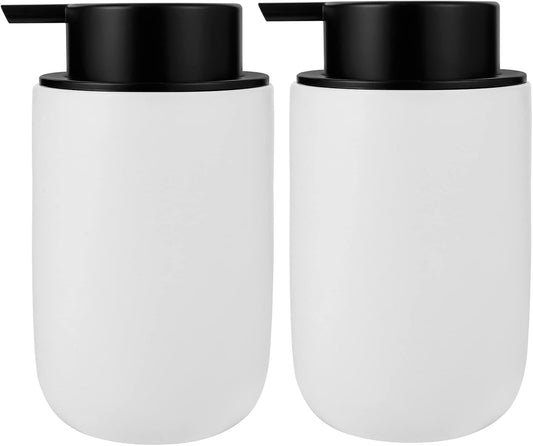 Foaming Soap Dispenser - Thick Ceramic Liquid Pump Bottle Set | 2 Pack White for Bathroom & Kitchen
