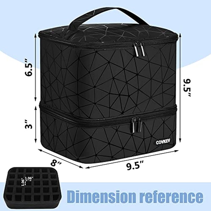 Covkev PU Leather Nail Polish Organizer Bag Holds Nail Lamp& 30 Bottles (15ml-0.5 fl.oz), Portable Travel Nail Kit Storage Carrying Case, Double Layer Nail Supplies Organizer Handbag (Elegant Black)