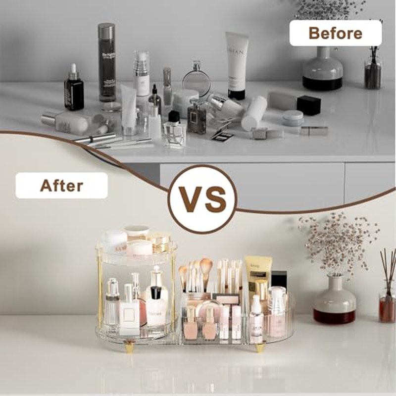 Makeup Organizer Countertop for Vanity with 360 Rotating Perfume Trays, 7-Compartment Skincare Organizers and Make Up Desk Storage, Cosmetic Organizer with Brush Holder for Bedroom Bathroom Counter
