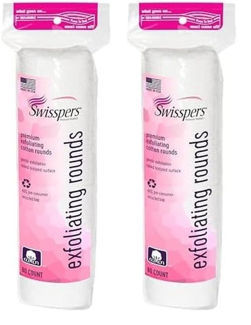 Swisspers Premium Exfoliating Rounds, 2 Distinct Raised Textured Surface, Cotton Facial Pads, 80 Count Re-closable Bag (Pack of 2)