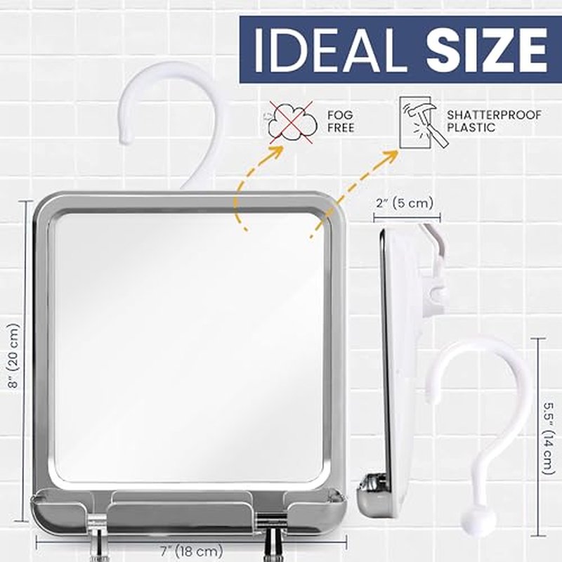MIRRORVANA Fogless Shower Mirror for Shaving with Razor Holder and Dual Anti Fog Design - Hook for Hanging - Shatterproof 8" x 7" Surface (Chrome)