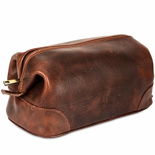 HLC Leather Toiletry Bag for Men - Best Gift for Men - Premium Genuine Leather Dopp Kit Shaving Kit Organizer Travel Kit Pouch Bag for Men - Large Size (Black)