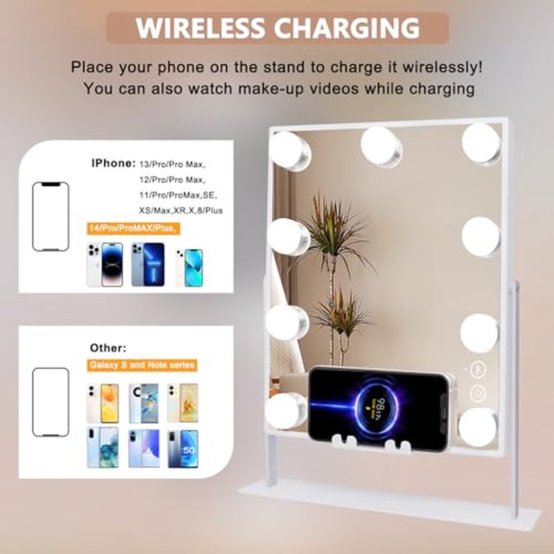 Vanity Mirror with Lights and Wireless Charging Lighted Makeup Mirror with 3 Color Lighting Modes and 10X Magnification for Dressing Table(White)