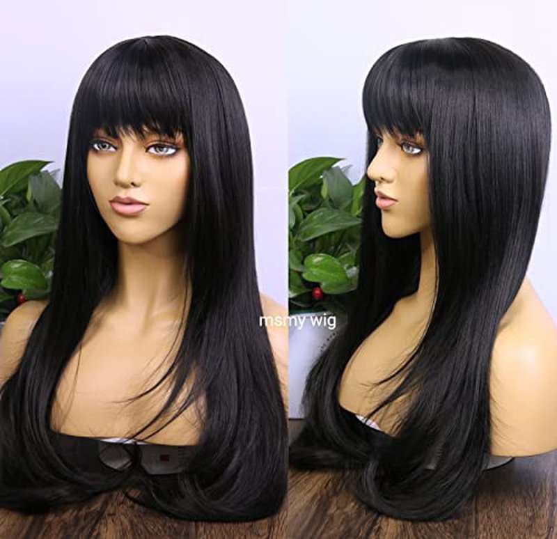 MSMYRNS 99J Ginger Orange Highlights Mixed Color Synthetic Wig With Bangs Natural Wavy Fringe Unit Glueless Full Machine Made Scalp Wig None Lace Wig Fashion Girls Party Cosplay Daily Use Gift