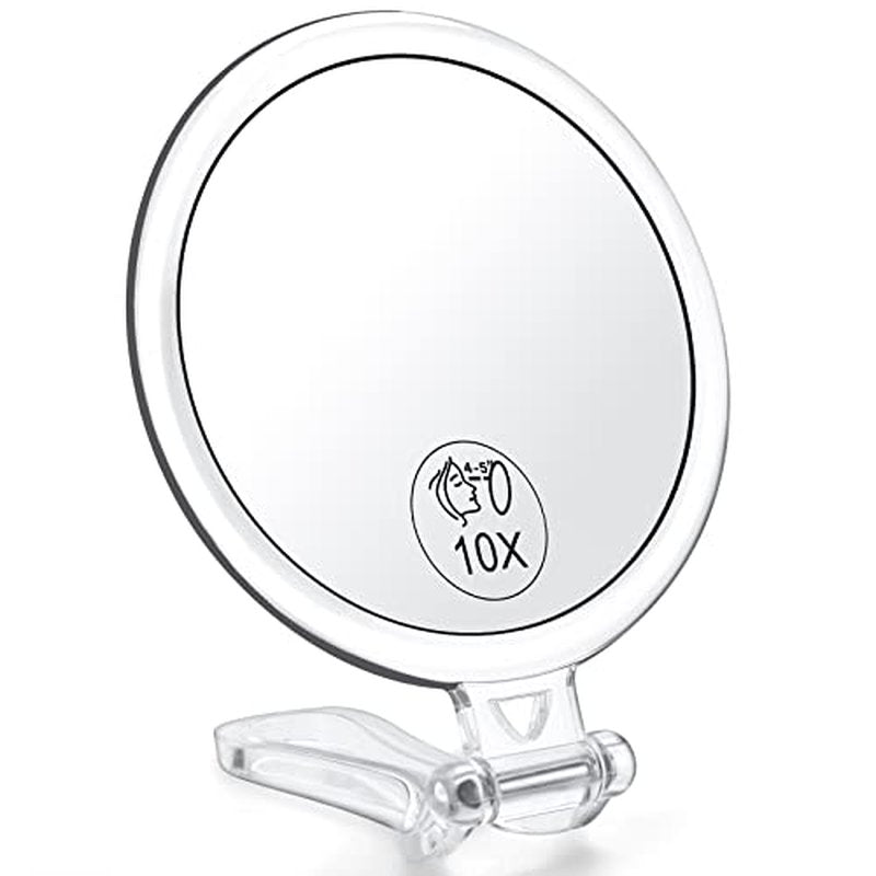 AMISCE 10x Magnifying Handheld Mirror, 2-Sided with Adjustable Stand, Foldable and Portable, Suitable for Makeup, Shaving, Deep Cleaning