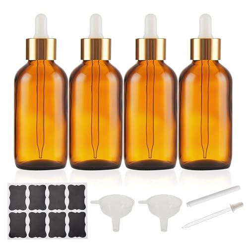 Bastelica Amber Glass Dropper Bottle 4 oz, Tincture Bottles with Dropper, Golden Cap Essential Oils Bottles for Health, Personal Care & Beauty - 4 Pack