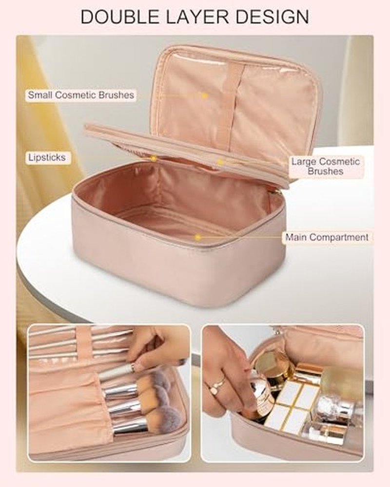 Relavel Makeup Bag, Small Travel Makeup Bag, Portable Cosmetic Case for Women, Double-layer Makeup Organizer Bag, Toiletry Bag for Women for Mother's Day (Rose Gold)