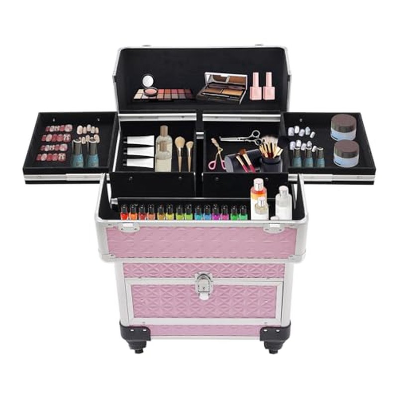 Blisiour Rolling Makeup Train Case with Storage Sliding Drawer and Removable Divider, Lockable Cosmetic Travel Trolley Case with Wheels Salon Barber Travel Cart Trunk for Nail Tech Hairstylist (Pink)