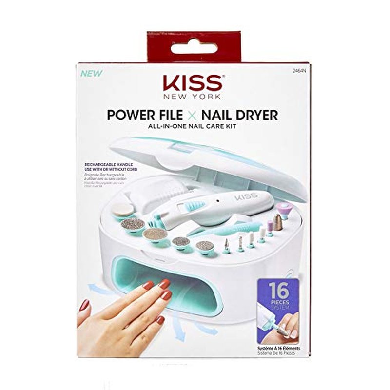 KISS New York Power File X Nail Dryer, Electric Nail File & Nail Dryer System, Includes 12 Attachments, Rechargeable Handle, Cuticle Pusher, A/C Adapter, & Storage Case