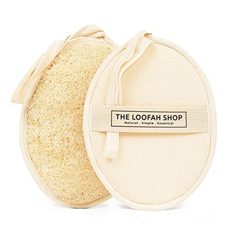 The Loofah Shop Bath Loofah Sponge, Exfoliating Body Scrubber, Shower Luffa for Men, Women and Kids Made of Eco-Friendly Natural Egyptian Loofah with Cotton Travel Pouch, 7" x 5.25" (2pack 4pcs)
