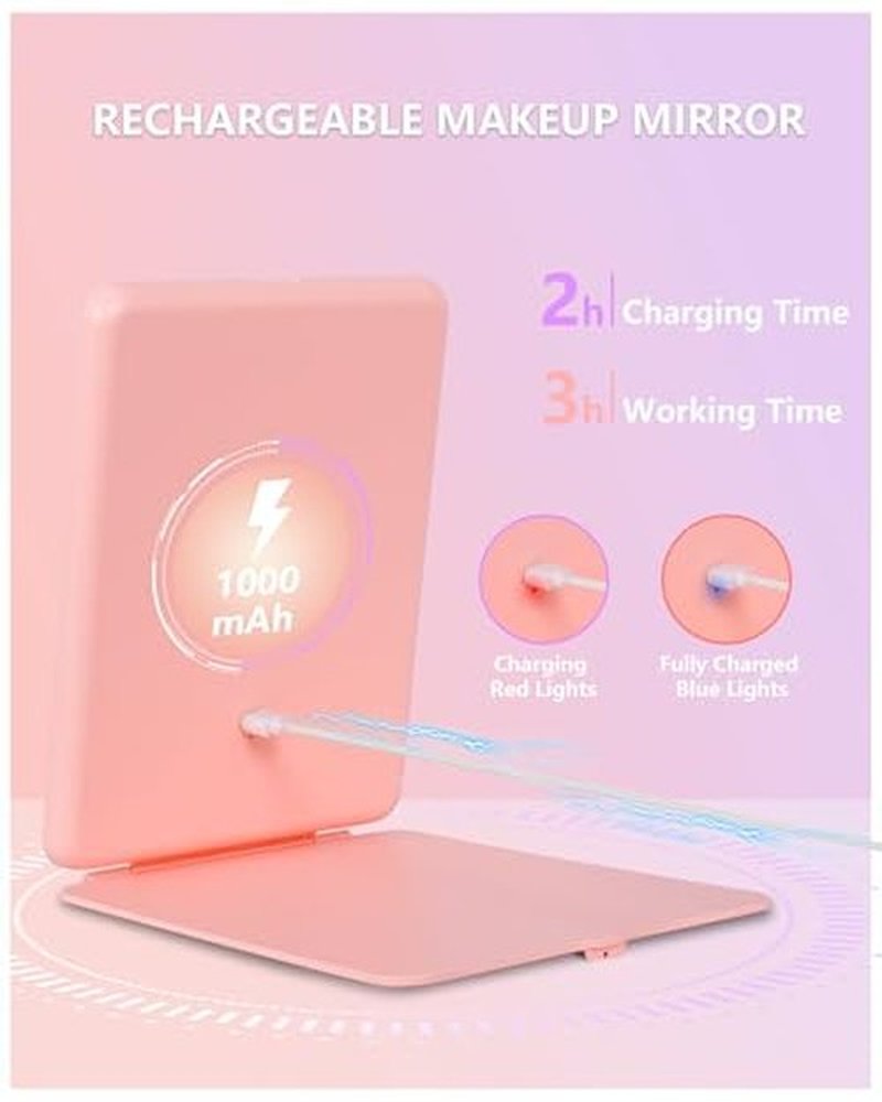 Dec.Metu Travel Mirror with Lights Makeup Mirror Touch Screen 3 Colors Light 72 LEDs Rechargeable, 1000mHA 7.9x5.3-Inch Desk Compact Mirror Pink