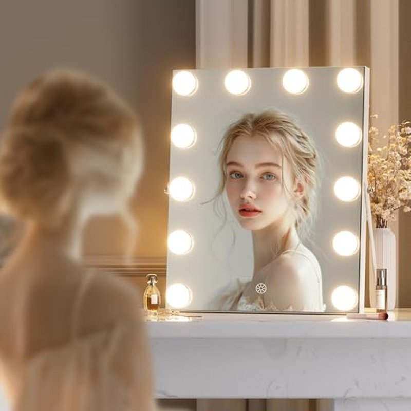 Hasipu Vanity Mirror with Lights, 11.4" x 13.8" Hollywood Mirror, Makeup Mirror with 12 Dimmable Bulbs and 10X Magnification, 3 Colors Modes, Touch Control, 360° Rotation, White