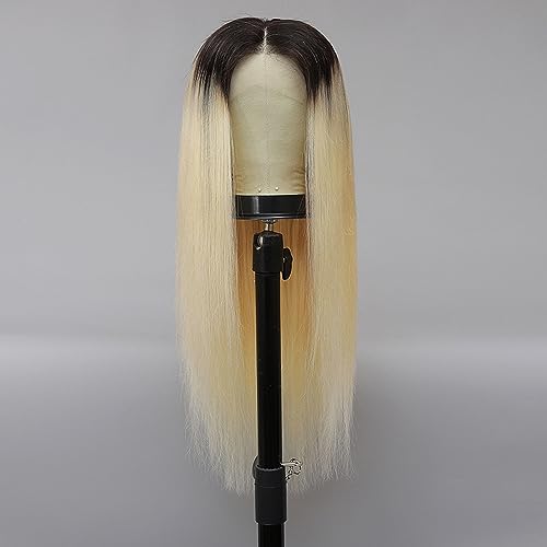 MSMYRNS 26 Inch Halloween Costume Wig HD Lace Middle Parting 1B Ombre 613 Blonde Color Jet Black Dark Roots Role Play Party Wig