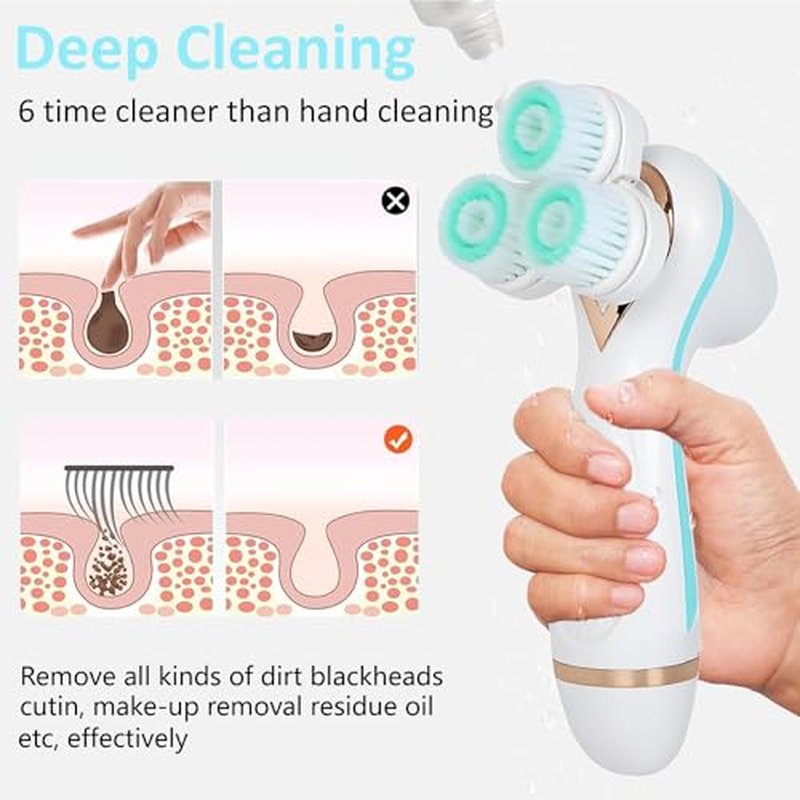 Facial Cleansing Brush, 3 in 1 Face Scrubber Rechargable Waterproof Electric Spin Cleanser with 3 Brush Heads, Electric Face Wash Brush for Exfoliating, Deep Cleansing and Massaging (Blue)