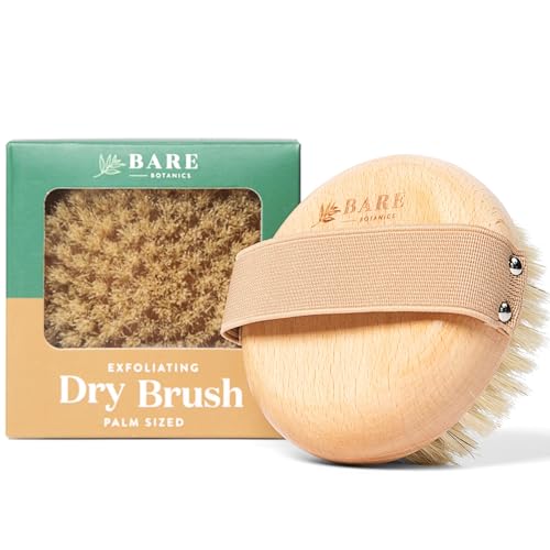 Bare Botanics 17" Dry Brushing Body Brush | Medium Firmness, Natural Color & Silicone Grip | Extra Long Bath Brush w/Hang Rope | Back Scrubber for Shower