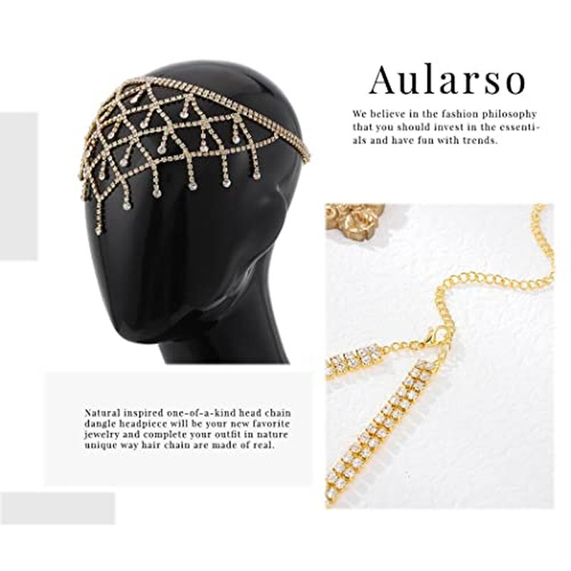 Aularso Rhinestone Head Chain Jewelry Forehead Hair Chain Wedding Tassel Headpiece luxury Crystal Party Headband for Women and Girls (Gold)